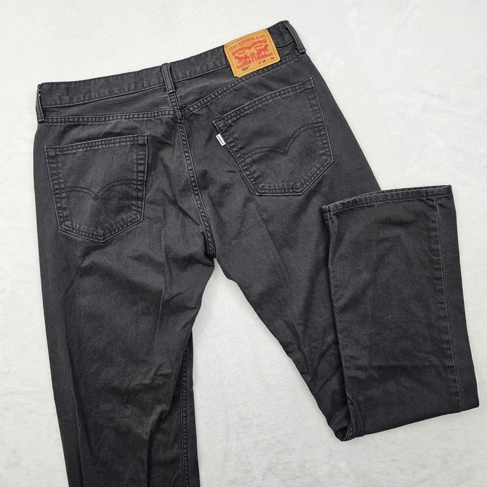 Levi's 505 Jeans Mens 36x32 Black Faded‎ Regular Straight White Tab Denim Skater